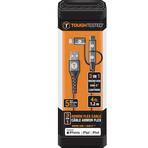 ToughTested 4 ft. 3 in 1 Cable with USB-C / Micro / Lightning Tips