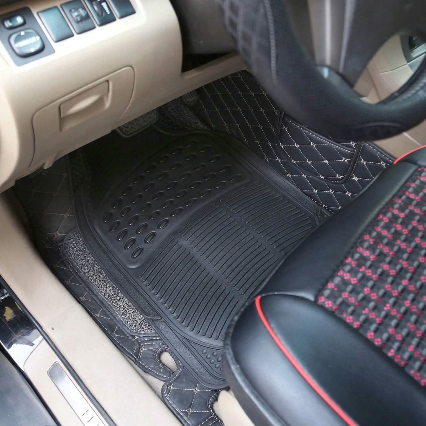 4-Pieces: Heavy Duty PVC Rubber Automotive Floor Mats with Trimmable Design