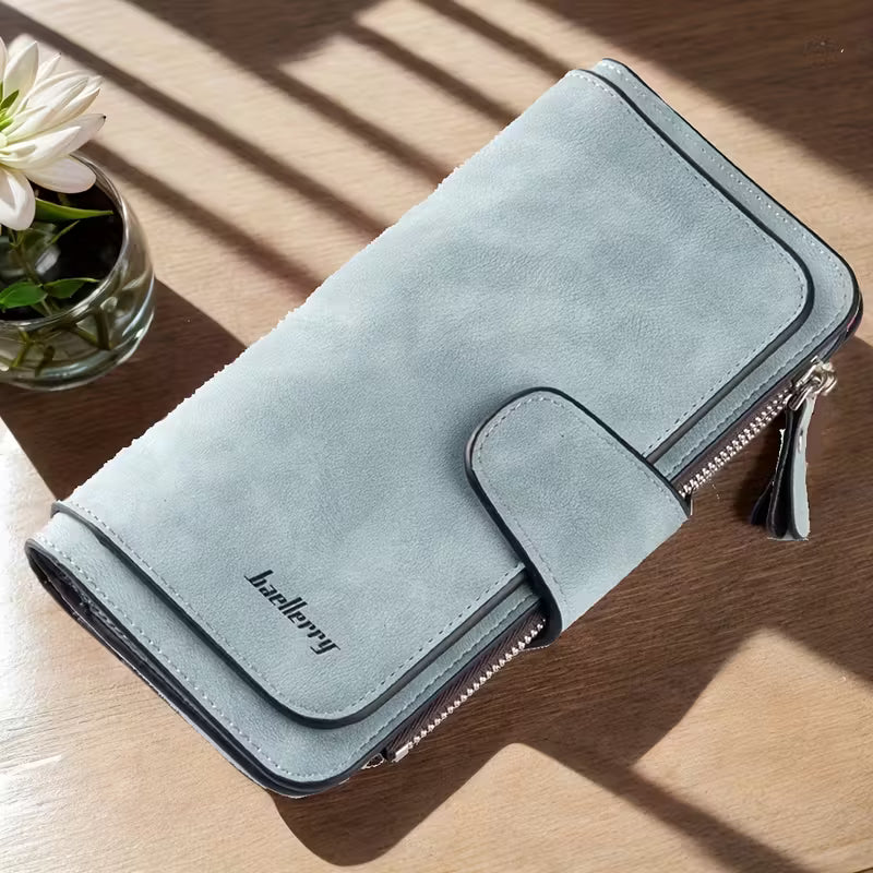 Vintage Faux Leather Long Wallet – Trifold Credit Card Holder with Snap & Zipper