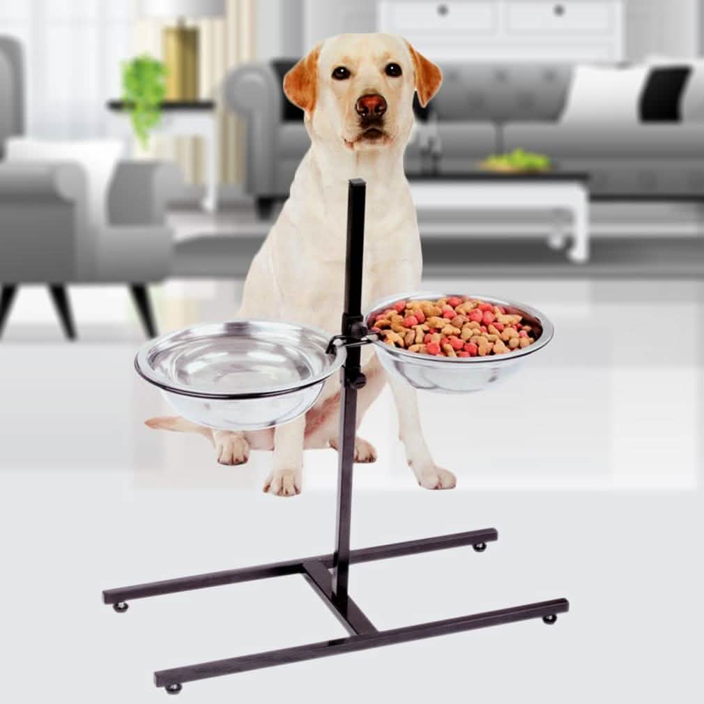 Adjustable Metal Pet Dog Feeder Bowls Elevated Stainless Steel Double Bowl Dish