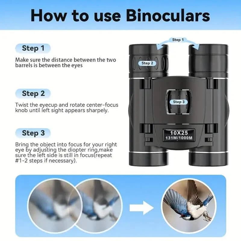 High Powered Mini Pocket Binoculars 10x25 with Phone Adapter – Compact, Lightweight, Portable – Black