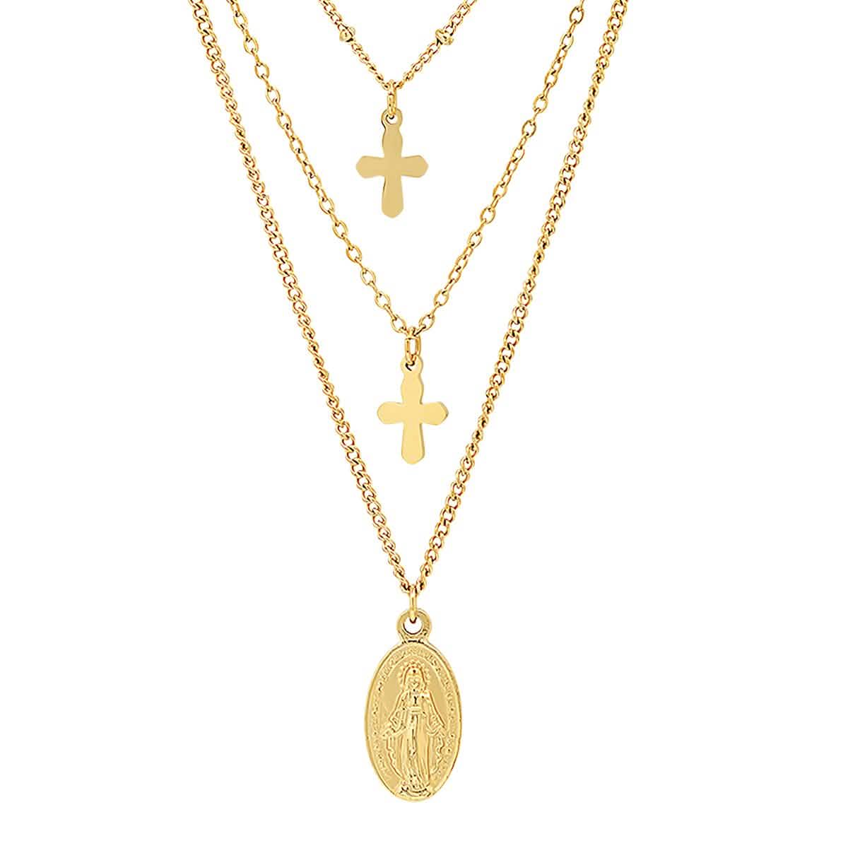 Ladies 3 Chain Necklace with Our Lady of Guadalupe and Cross Charms