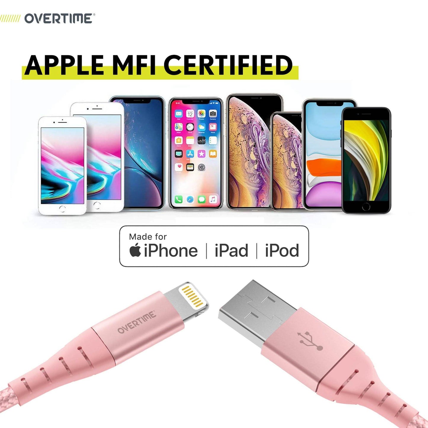 Overtime Apple MFi Certified Lightning Cable 6ft with Dual USB Wall Charger Adapter
