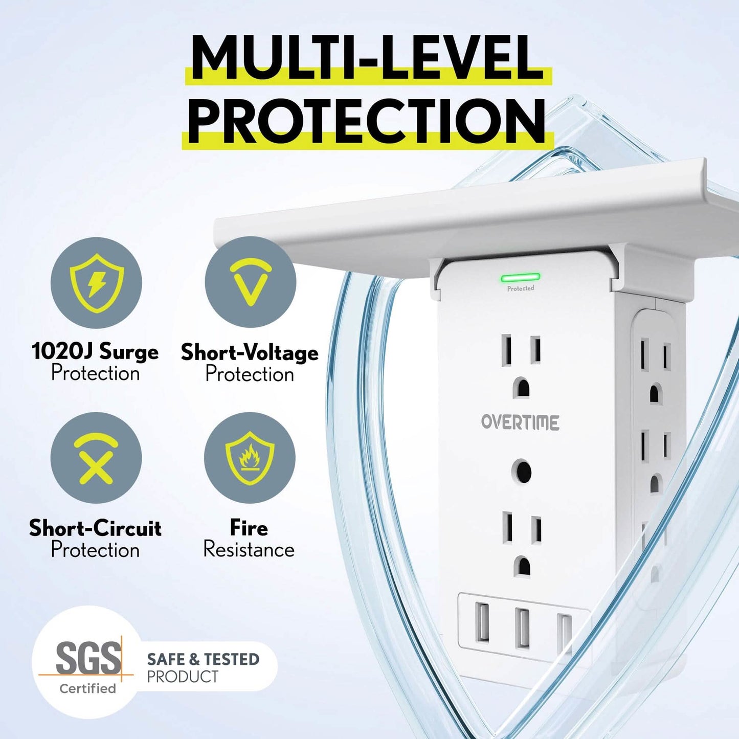 Overtime Outlet Extender with 8 AC and 3 USB Outlets Detachable Shelf Multi-Plug Outlet Extender with Surge Protector