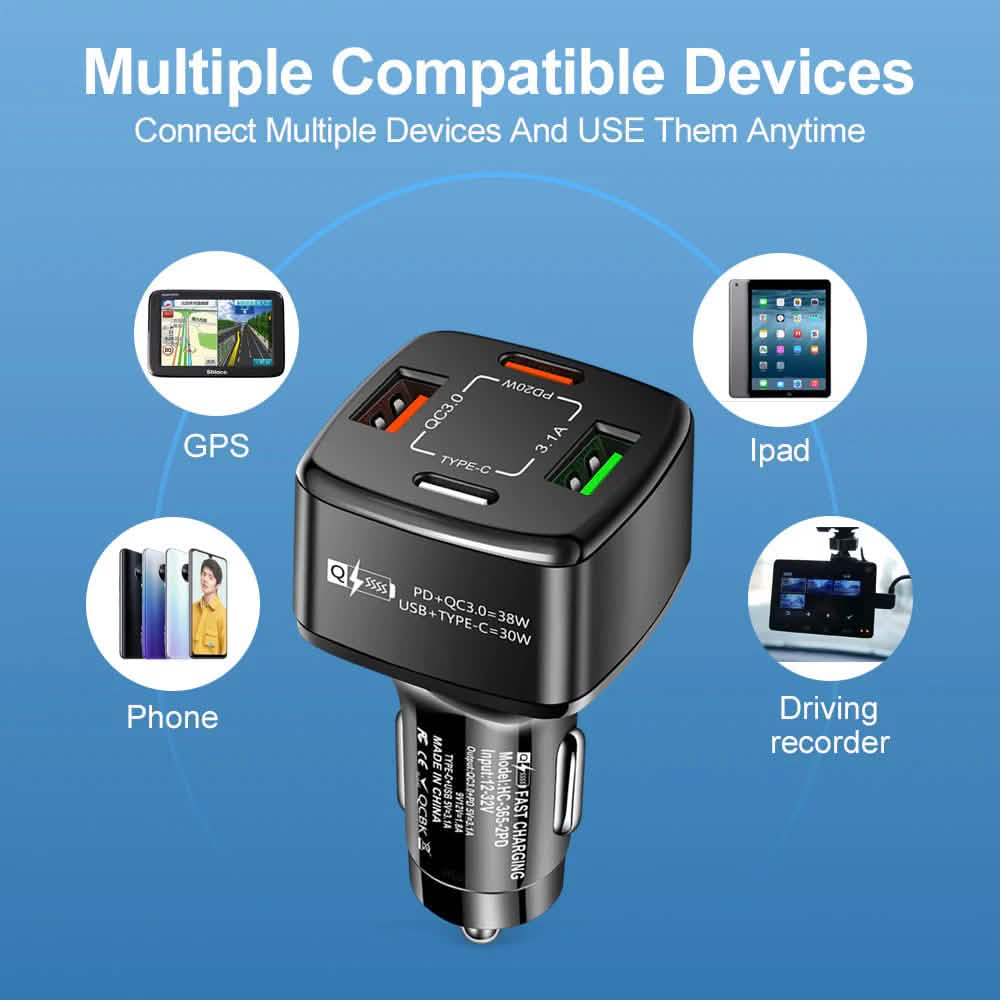 PBG 4 Port  PD/USB Car Charger and 4 in 1 Nylon Cable Bundle