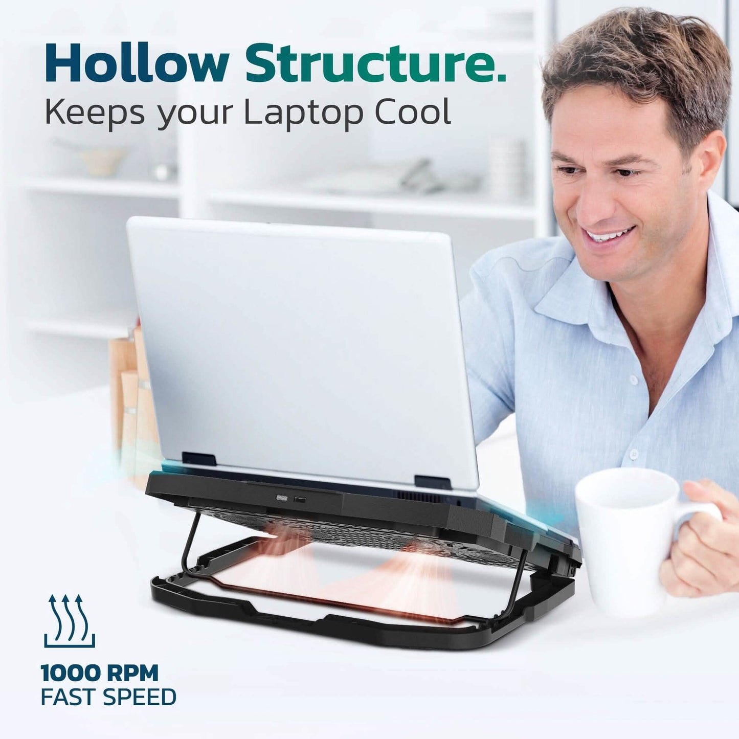 Purely Laptop Cooling Pad, 6 Adjustable Height Laptop Stand, 4 Fans: 3 Fan Modes + 6 Speeds, LED Display, 2 USB Ports