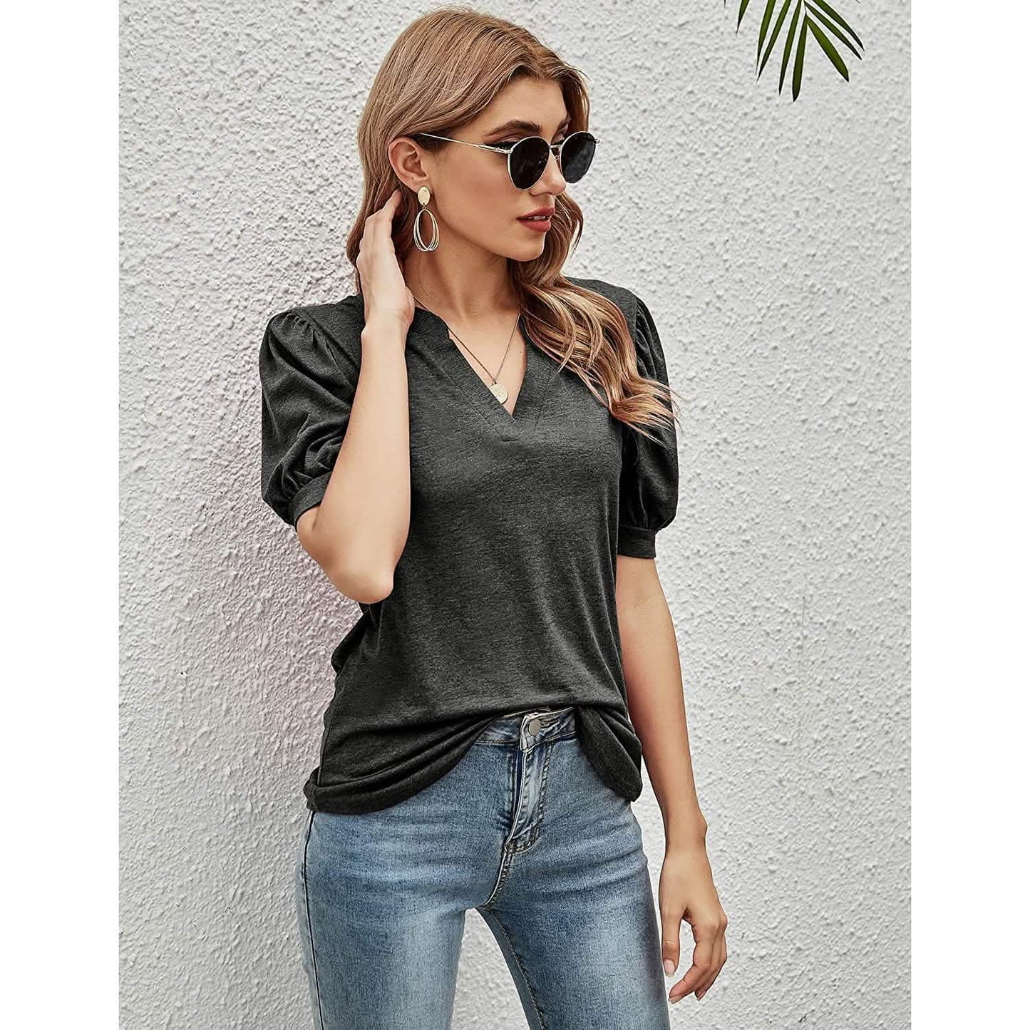 Romanstii Women Casual V-neck T-Shirts Loose Puff Short